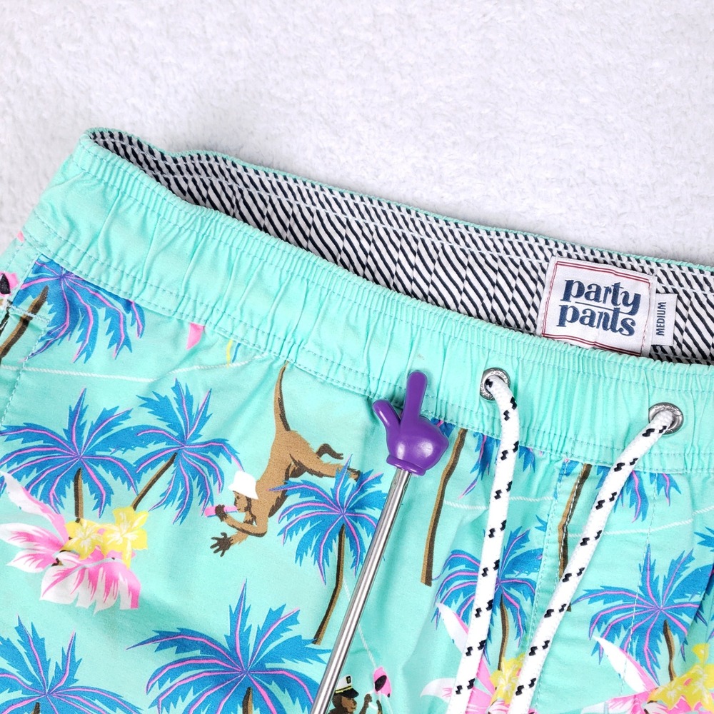 Party Pants Swim Trunks Mens M Aqua Tropical Monkey Palm Tree Beach Party Shorts - Picture 10 of 16